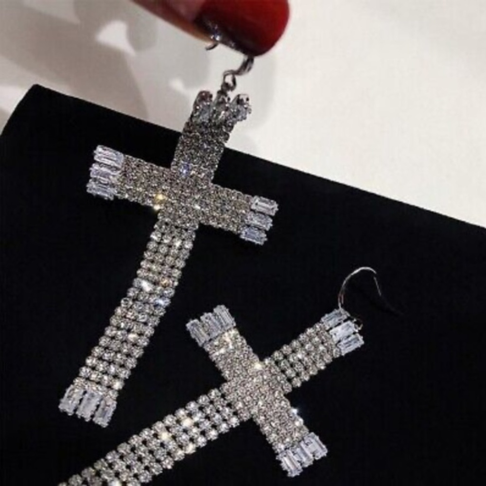 Womens Silver Stainless Steel Cross Tassel Rhinestone Earrings Fashion Jewelry‎
